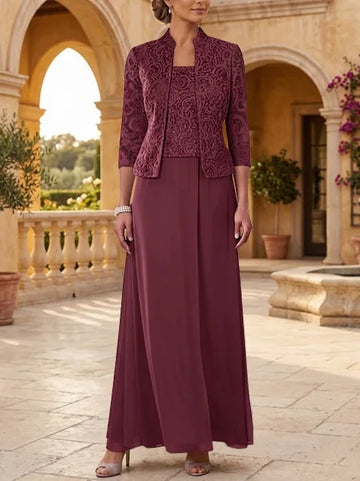 2 Pieces A-Line/Princess Square Collar Chiffon Mother of the Bride Dresses with Jacket Lace Ankle-Length 3/4 Sleeves