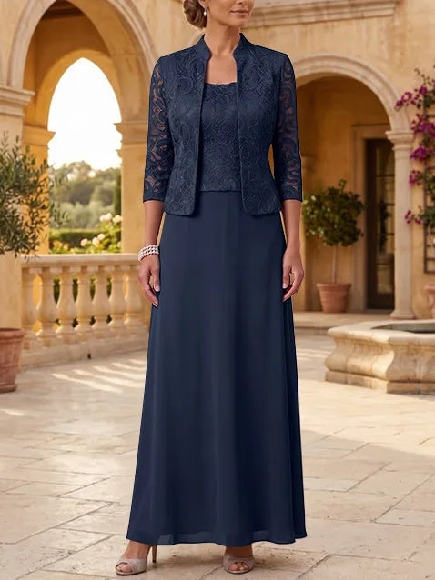 2 Pieces A-Line/Princess Square Collar Chiffon Mother of the Bride Dresses with Jacket Lace Ankle-Length 3/4 Sleeves