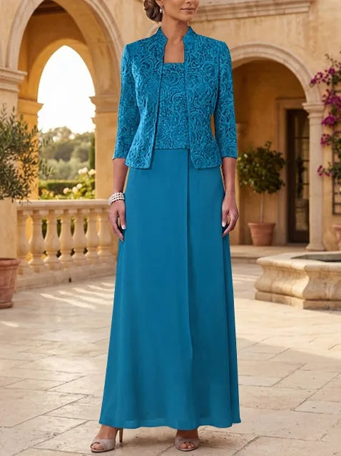 2 Pieces A-Line/Princess Square Collar Chiffon Mother of the Bride Dresses with Jacket Lace Ankle-Length 3/4 Sleeves