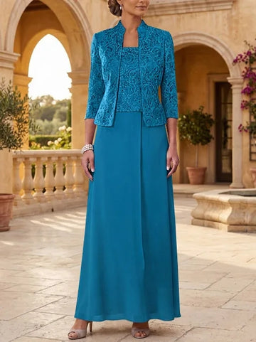 2 Pieces A-Line/Princess Square Collar Chiffon Mother of the Bride Dresses with Jacket Lace Ankle-Length 3/4 Sleeves