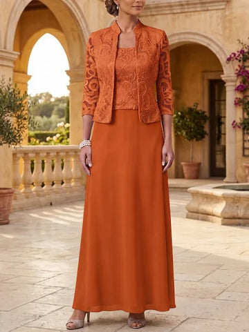 2 Pieces A-Line/Princess Square Collar Chiffon Mother of the Bride Dresses with Jacket Lace Ankle-Length 3/4 Sleeves