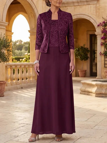 2 Pieces A-Line/Princess Square Collar Chiffon Mother of the Bride Dresses with Jacket Lace Ankle-Length 3/4 Sleeves