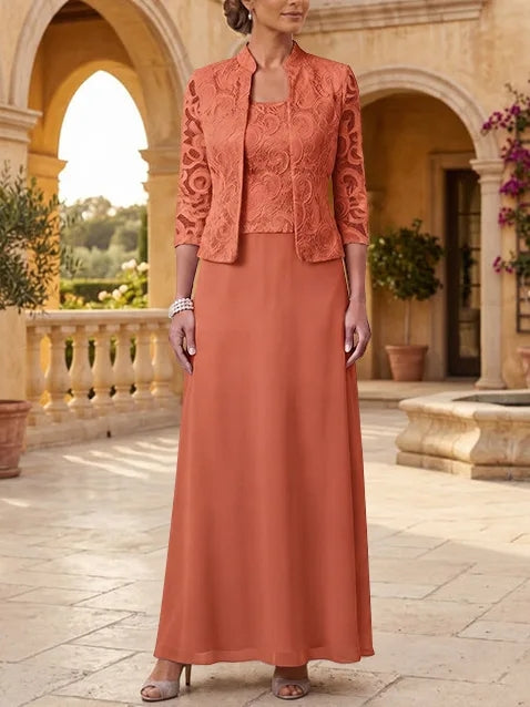 2 Pieces A-Line/Princess Square Collar Chiffon Mother of the Bride Dresses with Jacket Lace Ankle-Length 3/4 Sleeves