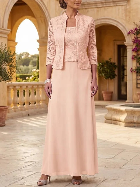 2 Pieces A-Line/Princess Square Collar Chiffon Mother of the Bride Dresses with Jacket Lace Ankle-Length 3/4 Sleeves
