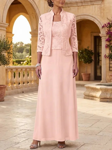 2 Pieces A-Line/Princess Square Collar Chiffon Mother of the Bride Dresses with Jacket Lace Ankle-Length 3/4 Sleeves