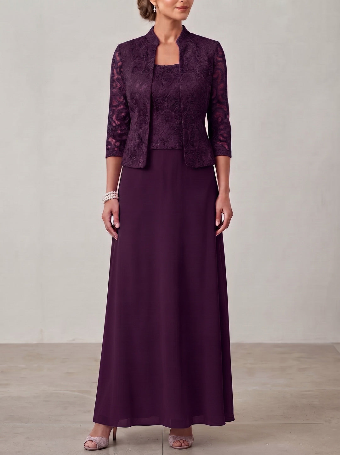 2 Pieces A-Line/Princess Square Collar Chiffon Mother of the Bride Dresses with Jacket Lace Ankle-Length 3/4 Sleeves