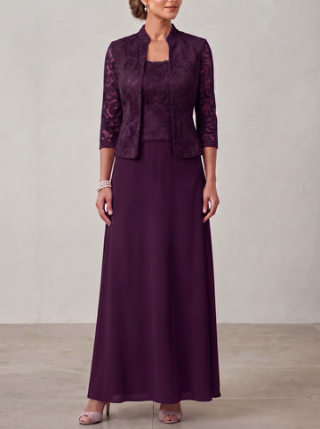 2 Pieces A-Line/Princess Square Collar Chiffon Mother of the Bride Dresses with Jacket Lace Ankle-Length 3/4 Sleeves
