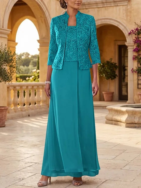 2 Pieces A-Line/Princess Square Collar Chiffon Mother of the Bride Dresses with Jacket Lace Ankle-Length 3/4 Sleeves