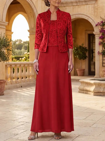 2 Pieces A-Line/Princess Square Collar Chiffon Mother of the Bride Dresses with Jacket Lace Ankle-Length 3/4 Sleeves