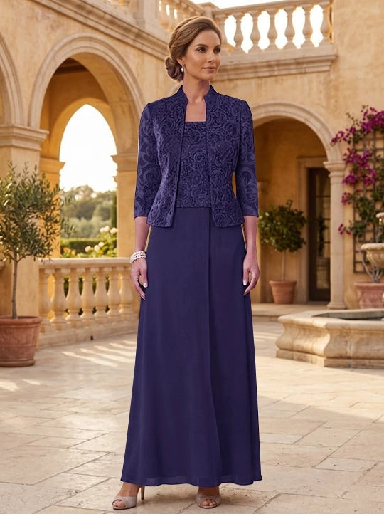 2 Pieces A-Line/Princess Square Collar Chiffon Mother of the Bride Dresses with Jacket Lace Ankle-Length 3/4 Sleeves