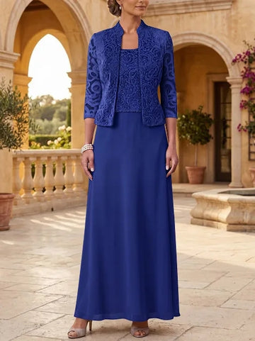 2 Pieces A-Line/Princess Square Collar Chiffon Mother of the Bride Dresses with Jacket Lace Ankle-Length 3/4 Sleeves