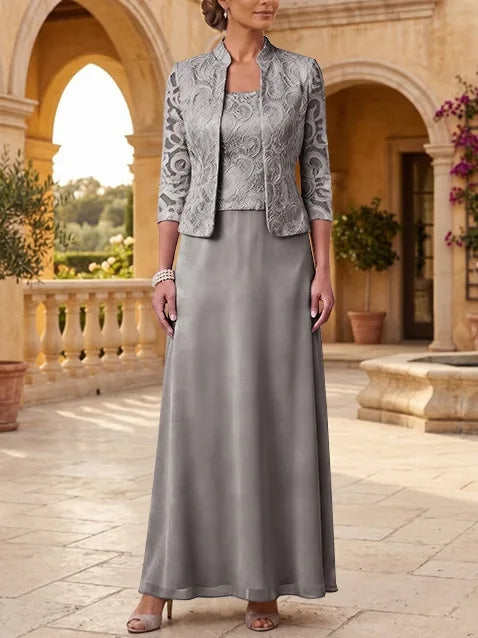 2 Pieces A-Line/Princess Square Collar Chiffon Mother of the Bride Dresses with Jacket Lace Ankle-Length 3/4 Sleeves