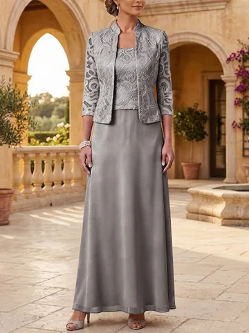 2 Pieces A-Line/Princess Square Collar Chiffon Mother of the Bride Dresses with Jacket Lace Ankle-Length 3/4 Sleeves