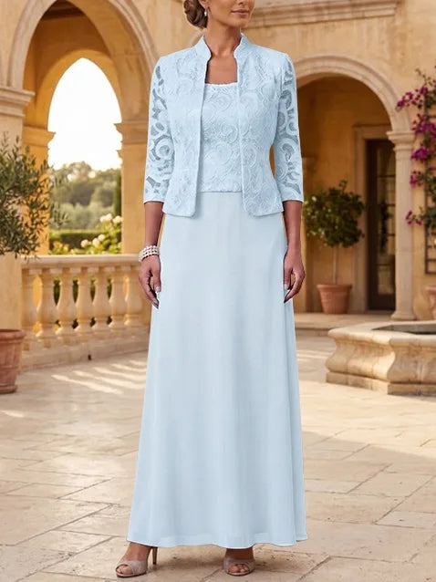2 Pieces A-Line/Princess Square Collar Chiffon Mother of the Bride Dresses with Jacket Lace Ankle-Length 3/4 Sleeves