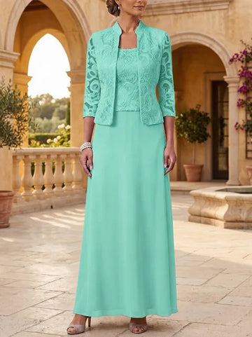 2 Pieces A-Line/Princess Square Collar Chiffon Mother of the Bride Dresses with Jacket Lace Ankle-Length 3/4 Sleeves