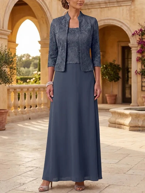 2 Pieces A-Line/Princess Square Collar Chiffon Mother of the Bride Dresses with Jacket Lace Ankle-Length 3/4 Sleeves