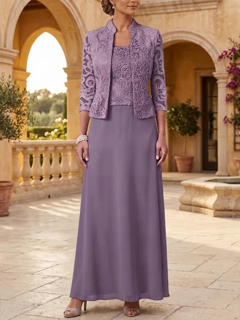 2 Pieces A-Line/Princess Square Collar Chiffon Mother of the Bride Dresses with Jacket Lace Ankle-Length 3/4 Sleeves