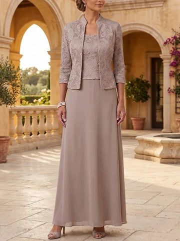 2 Pieces A-Line/Princess Square Collar Chiffon Mother of the Bride Dresses with Jacket Lace Ankle-Length 3/4 Sleeves