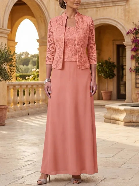2 Pieces A-Line/Princess Square Collar Chiffon Mother of the Bride Dresses with Jacket Lace Ankle-Length 3/4 Sleeves