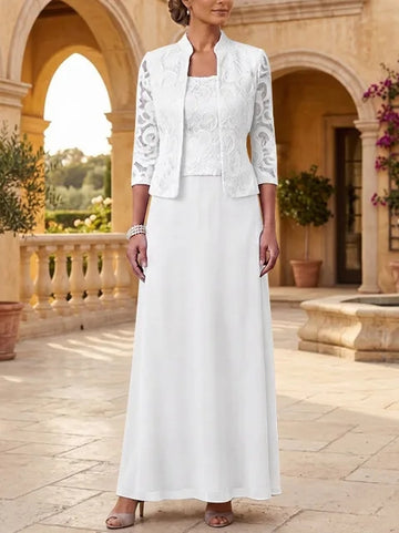 2 Pieces A-Line/Princess Square Collar Chiffon Mother of the Bride Dresses with Jacket Lace Ankle-Length 3/4 Sleeves