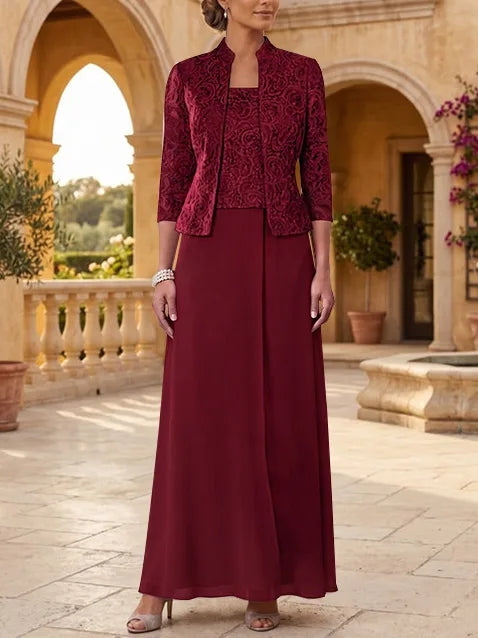 2 Pieces A-Line/Princess Square Collar Chiffon Mother of the Bride Dresses with Jacket Lace Ankle-Length 3/4 Sleeves