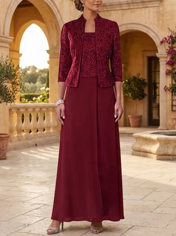 2 Pieces A-Line/Princess Square Collar Chiffon Mother of the Bride Dresses with Jacket Lace Ankle-Length 3/4 Sleeves
