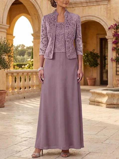 2 Pieces A-Line/Princess Square Collar Chiffon Mother of the Bride Dresses with Jacket Lace Ankle-Length 3/4 Sleeves