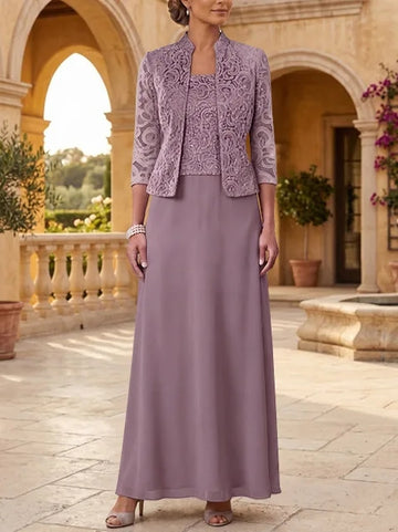 2 Pieces A-Line/Princess Square Collar Chiffon Mother of the Bride Dresses with Jacket Lace Ankle-Length 3/4 Sleeves