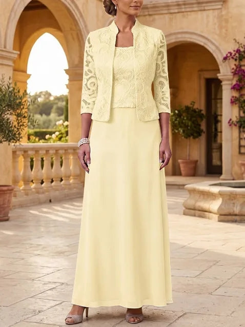 2 Pieces A-Line/Princess Square Collar Chiffon Mother of the Bride Dresses with Jacket Lace Ankle-Length 3/4 Sleeves