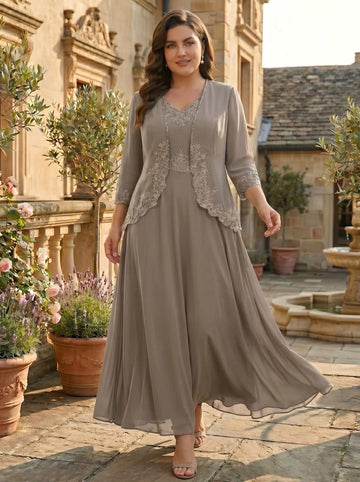 2 Pieces A-Line/Princess V-Neck Long Sleeves Chiffon Ankle-Length Plus Size Mother of the Bride Dresses with Jacket Lace