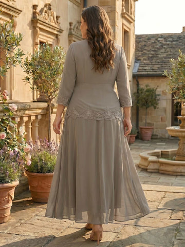 2 Pieces A-Line/Princess V-Neck Long Sleeves Chiffon Ankle-Length Plus Size Mother of the Bride Dresses with Jacket Lace