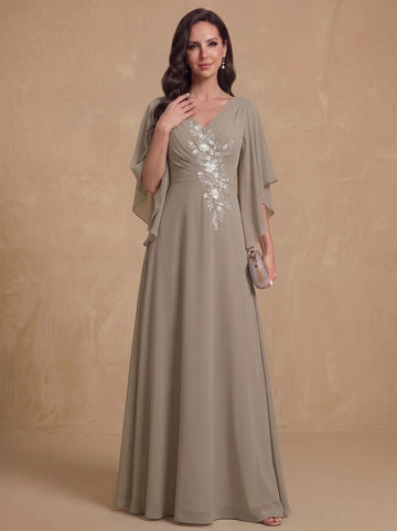 A-Line/Princess V-Neck Chiffon Mother of the Bride Dresses Floor-Length Half Sleeves Floral Lace Appliques