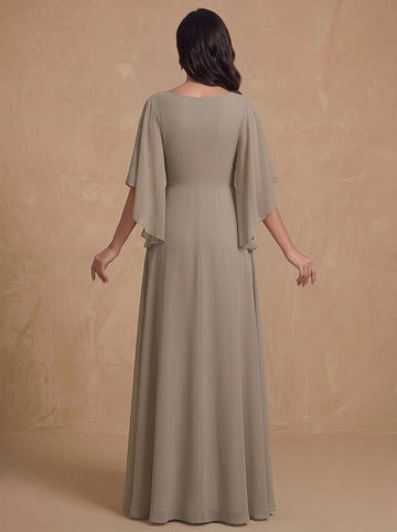 A-Line/Princess V-Neck Chiffon Mother of the Bride Dresses Floor-Length Half Sleeves Floral Lace Appliques