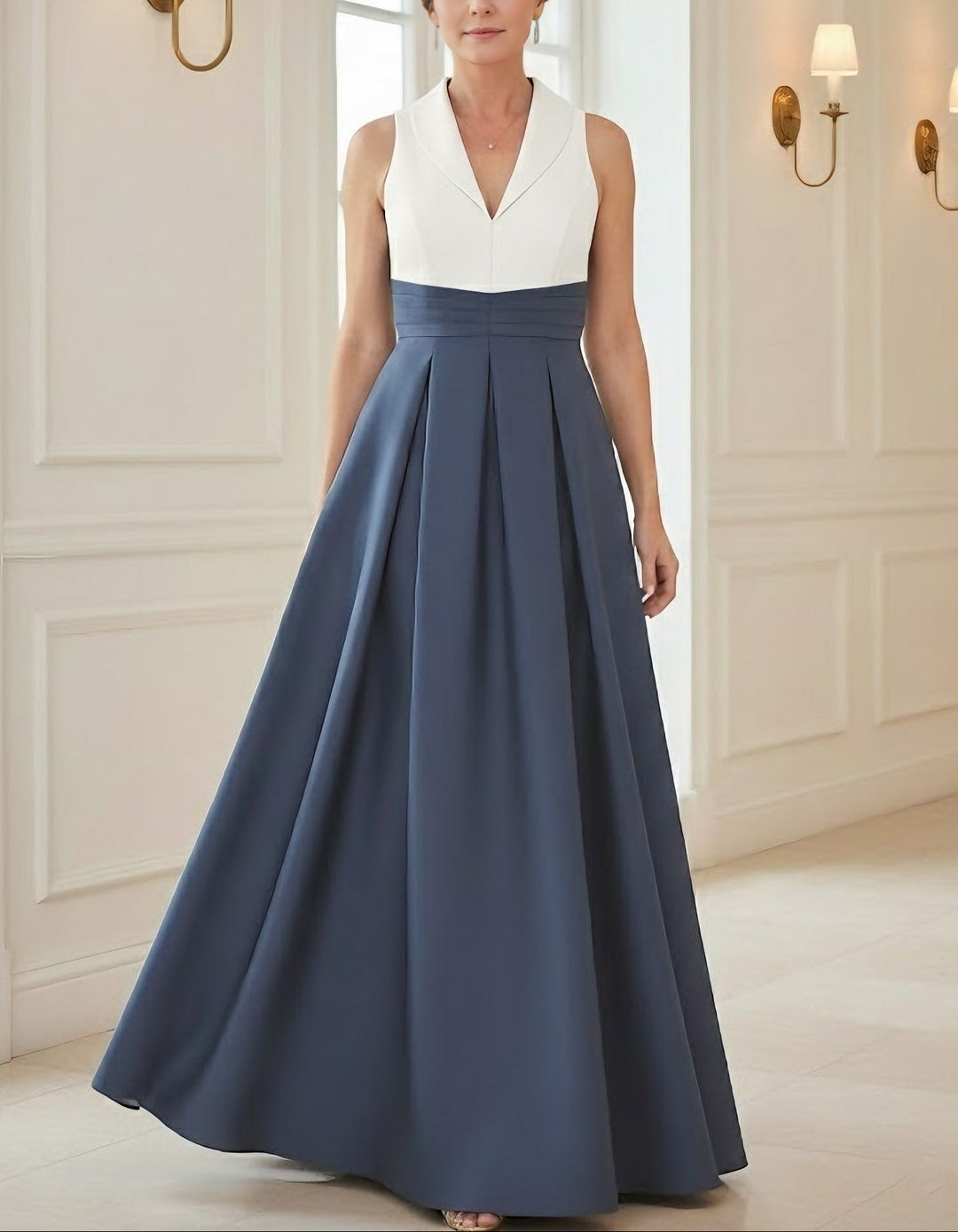 A-Line/Princess V-Neck Satin Mother of the Bride Dresses Floor-Length Sleeveless Pleated