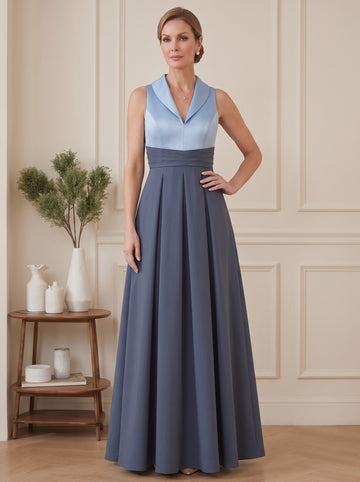 A-Line/Princess V-Neck Satin Mother of the Bride Dresses Floor-Length Sleeveless Pleated