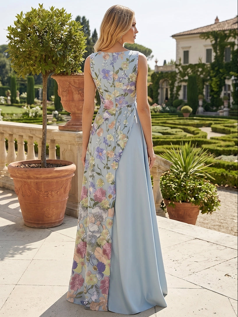 A-Line/Princess V-Neck Stretch Satin Evening Dresses Floral Lace Floor-Length Sleeveless Ruffles