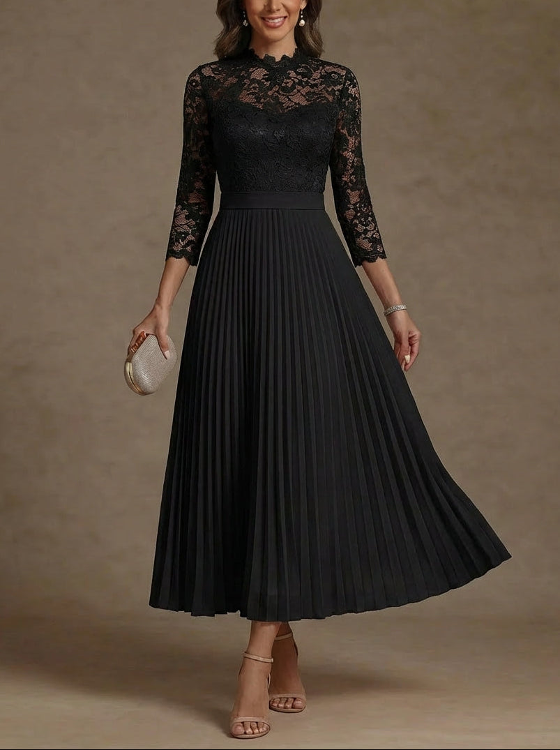 A-Line/Princess High Neck Chiffon Mother of the Bride Dresses Lace Tea-Length 3/4 Sleeves Pleated