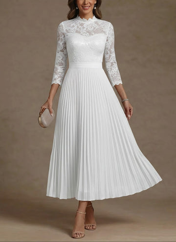 A-Line/Princess High Neck Chiffon Mother of the Bride Dresses Lace Tea-Length 3/4 Sleeves Pleated