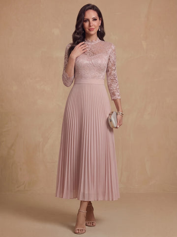 A-Line/Princess High Neck Chiffon Mother of the Bride Dresses Lace Tea-Length 3/4 Sleeves Pleated