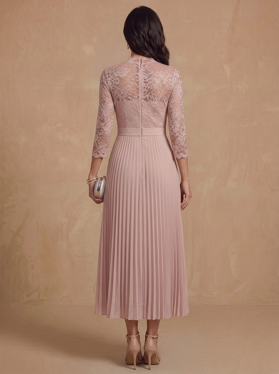 A-Line/Princess High Neck Chiffon Mother of the Bride Dresses Lace Tea-Length 3/4 Sleeves Pleated