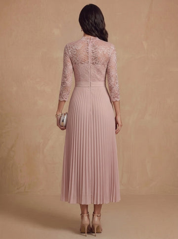 A-Line/Princess High Neck Chiffon Mother of the Bride Dresses Lace Tea-Length 3/4 Sleeves Pleated