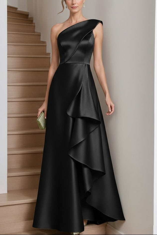 A-Line/Princess One-Shoulder Satin Mother of the Bride Dresses Sleeveless Floor-Length Ruffles