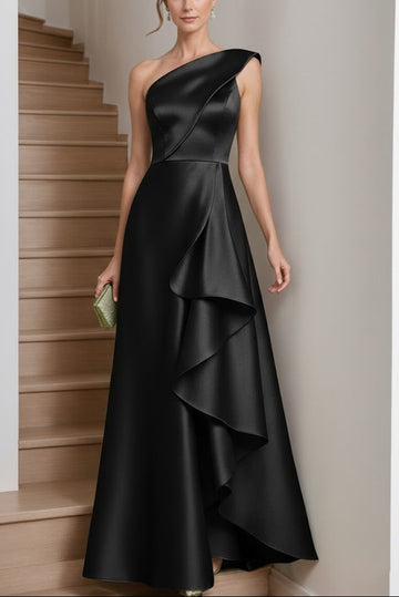 A-Line/Princess One-Shoulder Satin Mother of the Bride Dresses Sleeveless Floor-Length Ruffles