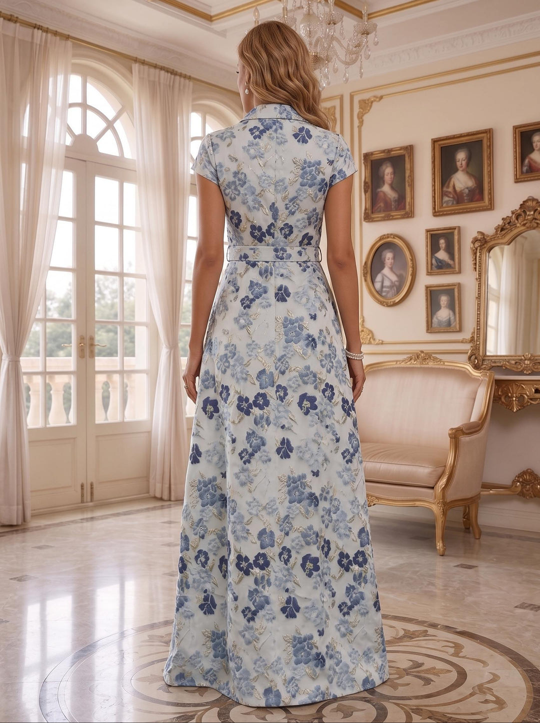 A-Line/Princess V-Neck Jacquard Mother of the Bride Dresses Floral Floor-Length Short Sleeves Belt