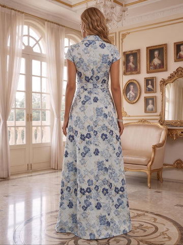 A-Line/Princess V-Neck Jacquard Mother of the Bride Dresses Floral Floor-Length Short Sleeves Belt