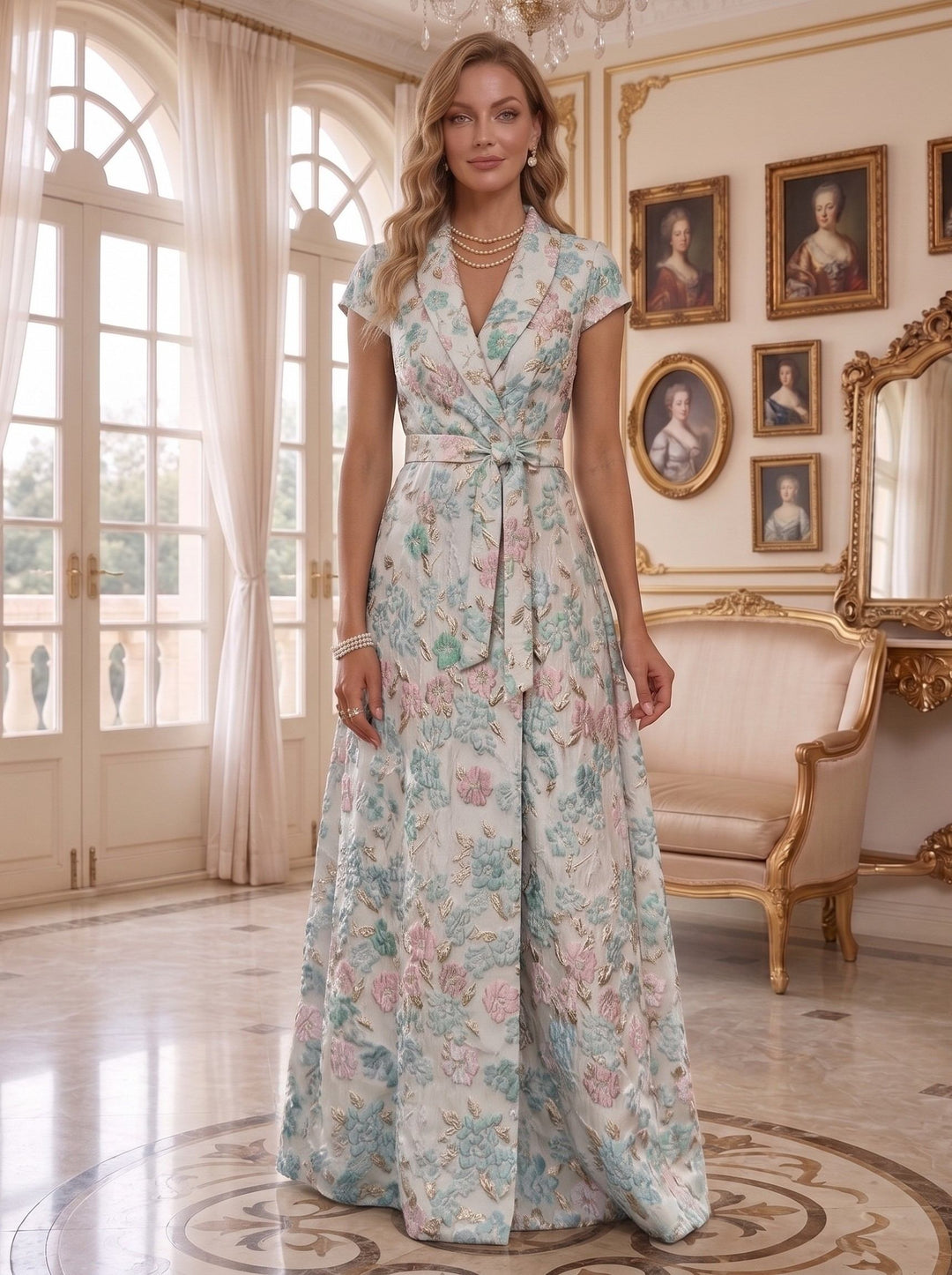 A-Line/Princess V-Neck Jacquard Mother of the Bride Dresses Floral Floor-Length Short Sleeves Belt
