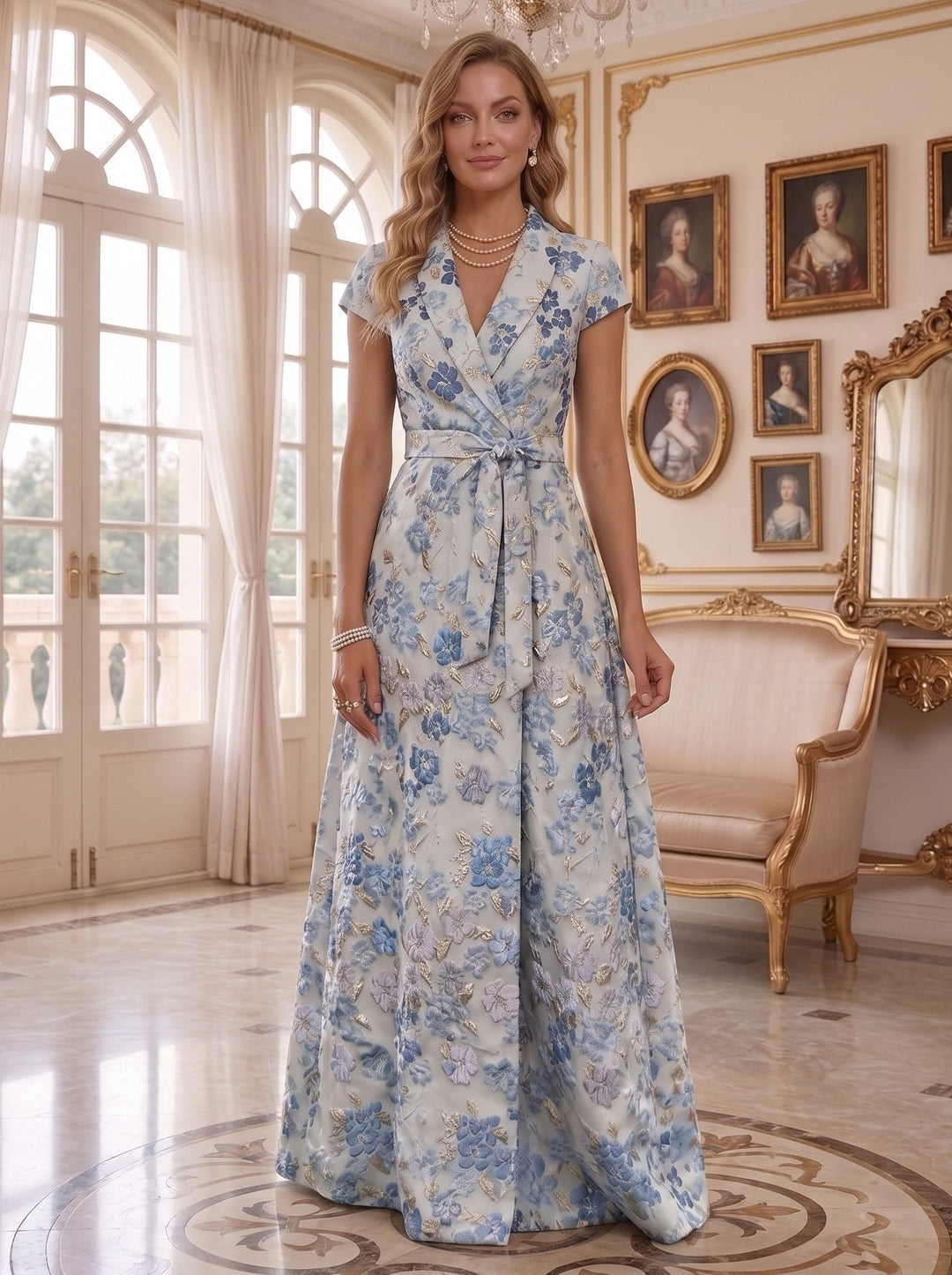 A-Line/Princess V-Neck Jacquard Mother of the Bride Dresses Floral Floor-Length Short Sleeves Belt