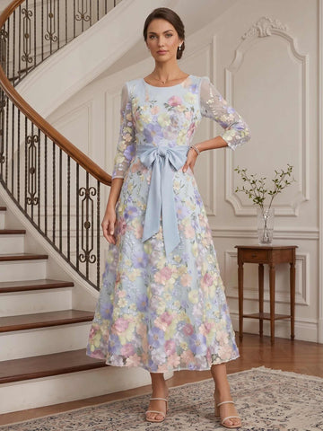 A-Line/Princess Scoop Lace Mother of the Bride Dresses Floral Embroidery Tea-Length 3/4 Sleeves Bowknot