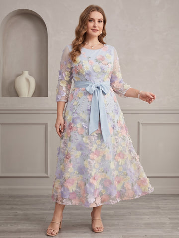 A-Line/Princess Scoop Lace Plus Size Mother of the Bride Dresses Floral Embroidery Tea-Length 3/4 Sleeves Bowknot
