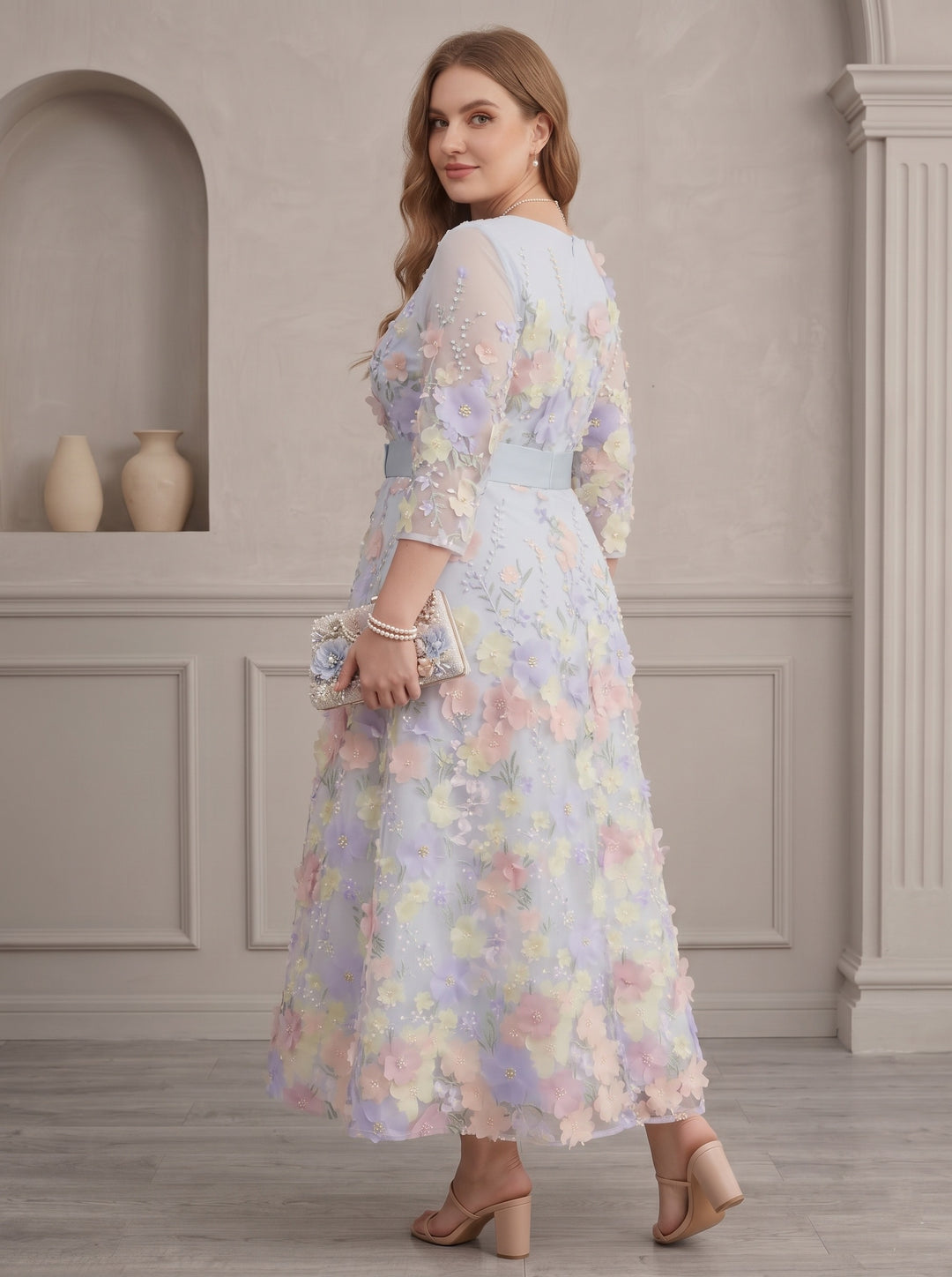 A-Line/Princess Scoop Lace Plus Size Mother of the Bride Dresses Floral Embroidery Tea-Length 3/4 Sleeves Bowknot